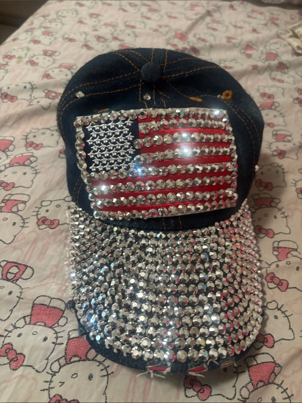 Embellished Denim Cap with Rhinestone American Flag - Picture 1 of 4